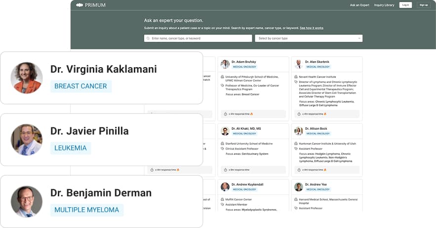 Search interface showing specialist matching by cancer type with highlighted doctors