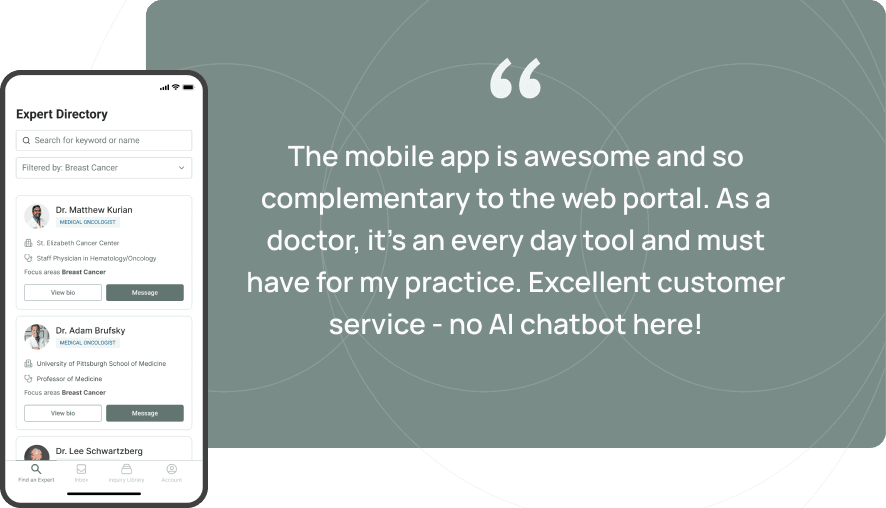 Mobile app screen showing expert directory alongside testimonial praising the app