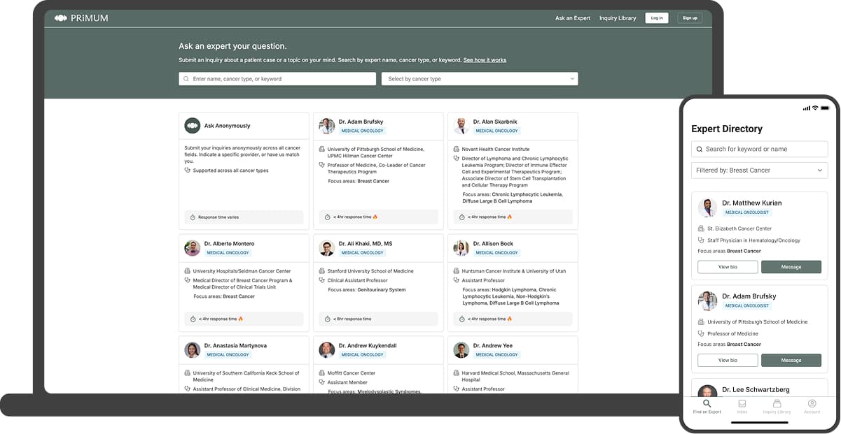 Primum expert directory showing oncology subspecialists
