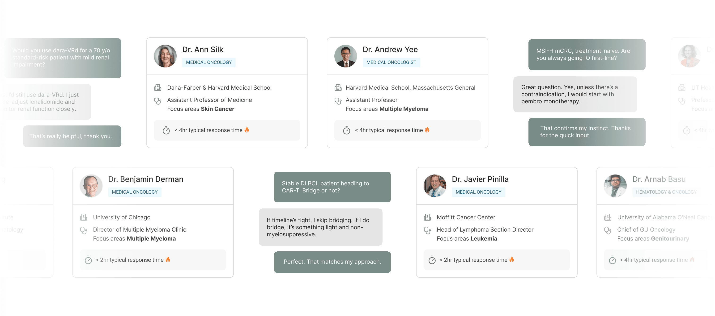 Profiles of five medical oncology and hematology specialists with their names, photos, affiliations, and focus areas